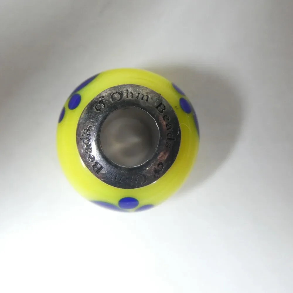 Ohm Glass Bead Blue Yellow Paw Print Dog 925 Sterling Silver Charm